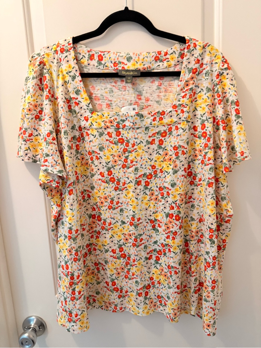 Style & Co. Cream Floral Square-Neck Blouse with Red & Yellow Blossoms